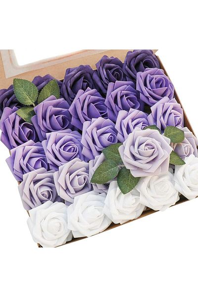 Choice Shades Of Purple Artificial Flowers 25pcs Real Looking Violet Purple Ombre Colors Foam Fake Roses Wi