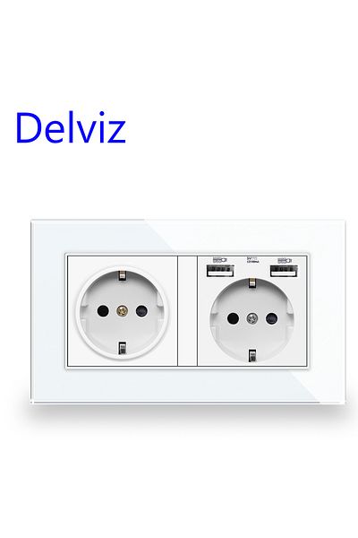 Choice 110-250v Eu Socket (2 USB) Delviz Double Outlet With Usb, Tempered Crystal Glass Panel, 5v 2a Usb Ch
