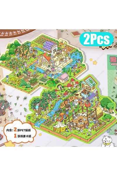 Choice 2pcs Plus Size Cartoon Ranch & Farm 2.5d Landscape Sticker Diy Pocket Cabin Scene Stickers Christmas