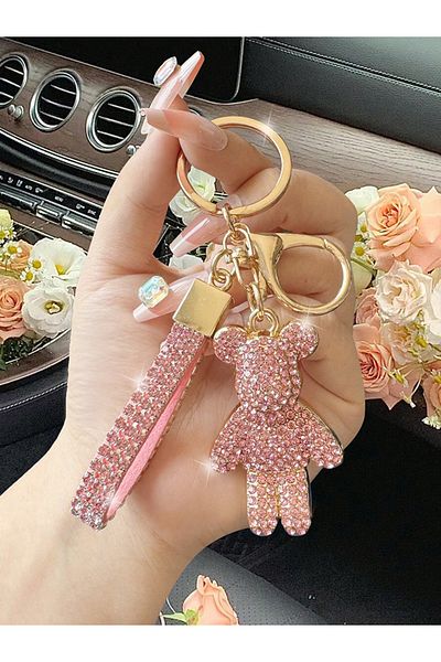 Choice Pink Fashionable Men's And Women's Full Diamond Pink/orange/white Teddy Bear Keychain Exquisite Wome