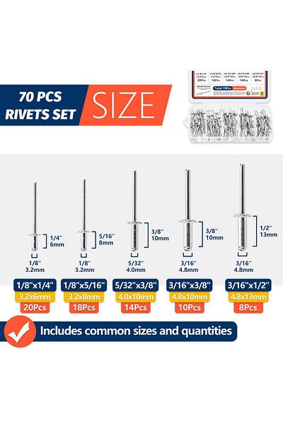 SANJODS Pop Rivets Assortment Kit Aluminum Blind Rivets 5 Sizes 70pcs Assorted Blind Rivets For Metal Fur...