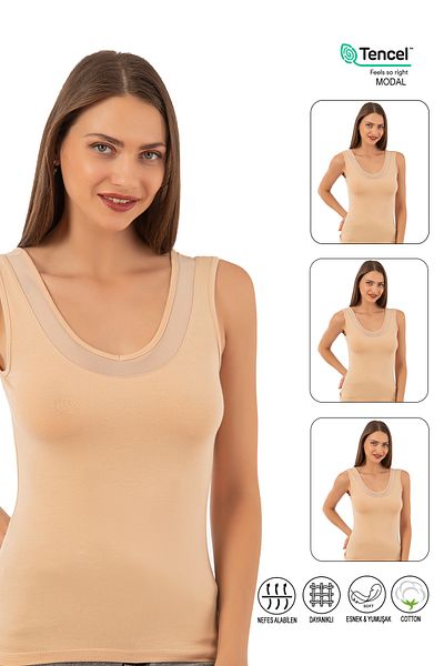 ÖZKAN underwear Özkan 22848 3 قطع من القطن المشروط للسيدات بحزام سميك ورقبة على شكل حرف V وتفاصيل من التول