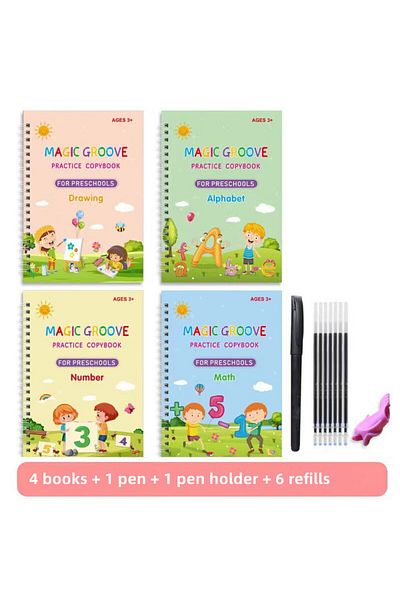 Choice 4 كتب 4 دفاتر سحرية للأطفال قابلة لإعادة الاستخدام للكتابة والمسح مجانًا باللغة الإنجليزية والرياضيات والرسم للأطفال