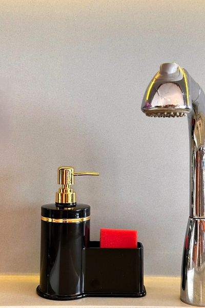 Makri Stylish Gold Color Detailed Liquid Soap Dispenser with Sponge Holder for Kitchen or Bathroom, Domestic Production