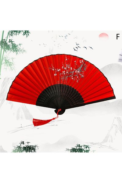 Choice F Vintage Chinese Style Folding Fan Bamboo Hand Fan Wooden Shank Classical Dance Fan With Tassel El.