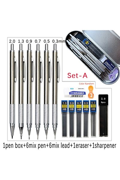 Choice A set Metal Mechanical Pencil Set with Pen Box Lead Eraser Pencil Sharpener Set 0.3 0.5 0.7 0.9 1.3