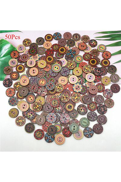 Choice 15mm 50pcs 50/100 Round Assorted Floral Printed Wooden Decorative Buttons 2-hole Floral Process Pain