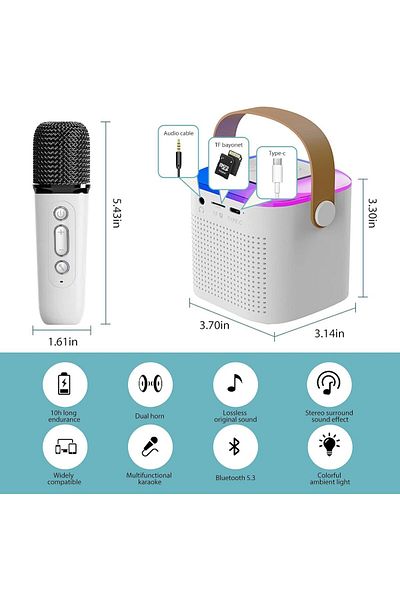 AWH Wireless Bluetooth Karaoke Microphone with Dual Handheld Mics, Portable Karaoke Speaker (White)