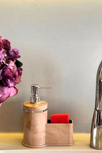 Makri Stylish Silver Detailed Liquid Soap Dispenser with Sponge Holder for Kitchen or Bathroom, Domestic Production