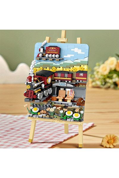 Choice Train Easel 3d Easel Classic Train Station Platform Natural Scenery Travel Theme Mini Building Block