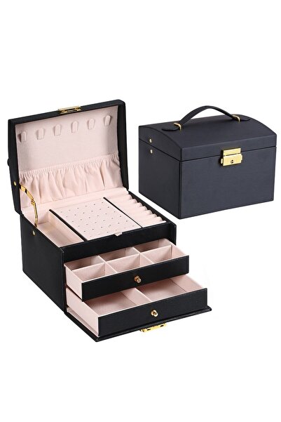 Choice علبة مجوهرات جلد متعددة الوظائف بثلاث طبقات، لون أسود، قطعة واحدة، بتص...