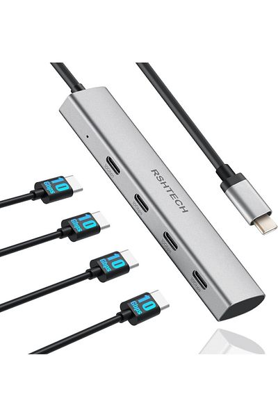 Choice موزع USB C من Rshtech باللون الرمادي الفضائي بسرعة 10 جيجابت في الثانية من الألومنيوم مزود بـ 4 منافذ USB-c 3.2 Gen 2 Dongle USB C متعدد المنافذ محمول