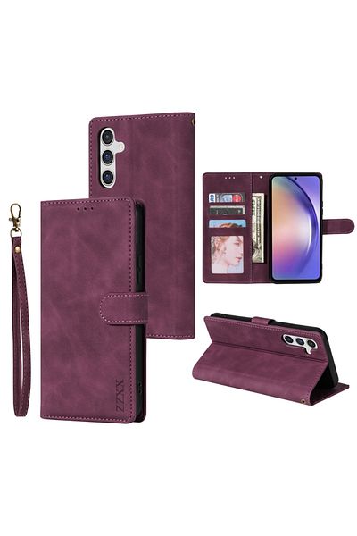 Choice جراب وحزام لهاتف Galaxy A73 5G باللون الأحمر النبيذي مع إطار محفظة وبطاقة وغطاء جلدي قلاب مغناطيسي لهاتف Samsung Gal
