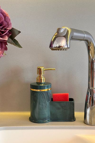 Makri Stylish Gold Color Detailed Liquid Soap Dispenser with Sponge Holder for Kitchen or Bathroom, Domestic Production