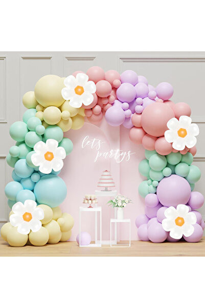 Choice طقم قوس بالونات ديزي من 136 قطعة، زهور بيضاء عصرية، ماكارون وردي، أصفر