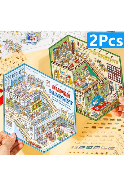 Choice Plus Size 2pcs Interest Super Big Size Three Layer Diy 3d Landscape Sticker Miniature Scene Cabin St