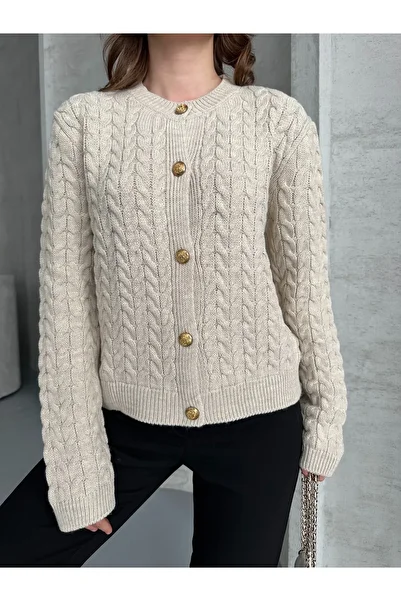 vivario Women's Braided Gold Button Detailed Knitwear Cardigan