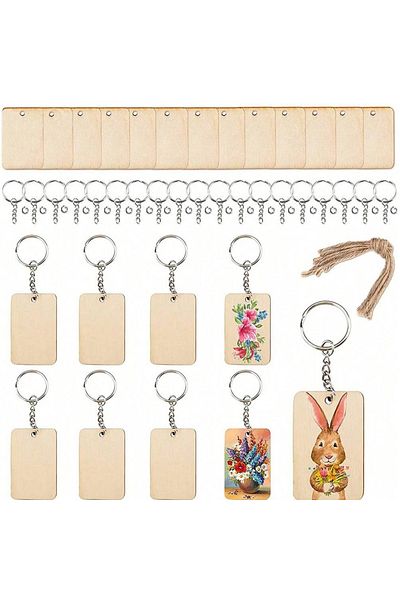 Choice 60set 60pcs Blank Wooden Key Chains Rectangle Wood Key Chain Tags To Paint Personalized Key Rings Fo