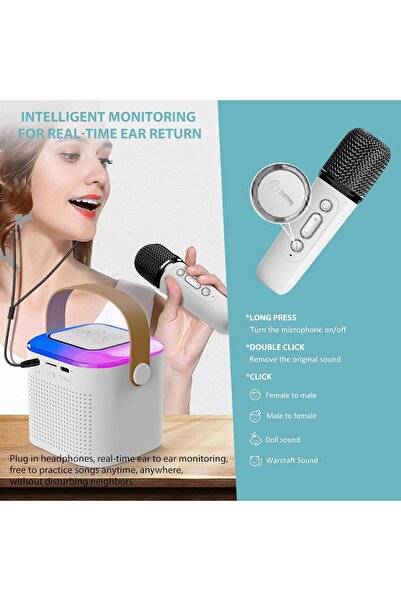 AWH Wireless Bluetooth Karaoke Microphone with Dual Handheld Mics, Portable Karaoke Speaker (White)