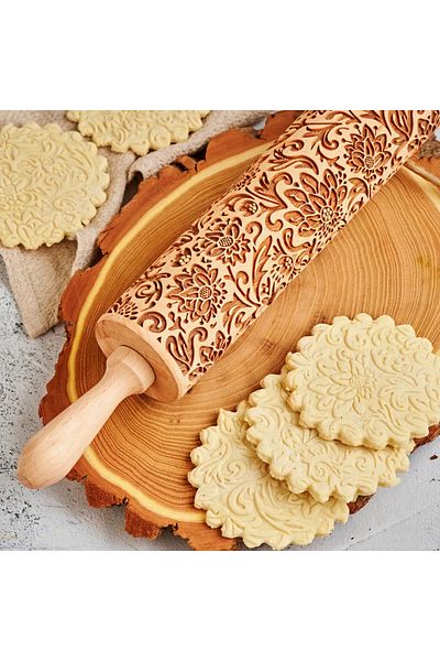 Arjmide 1pc 13.7in Wooden Sunflower Embossed Rolling Pin With Pattern For Kitchen Pastry Baking Tools Dee...