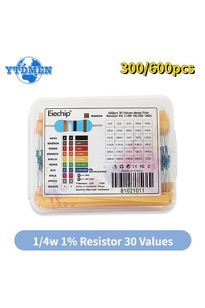 YTDMEN 300pcs 300/600pcs 1/4w Metal Film Resistor 30 Values Resistance Kit 10r-1m 0.25w 1% Resistors Set Wi