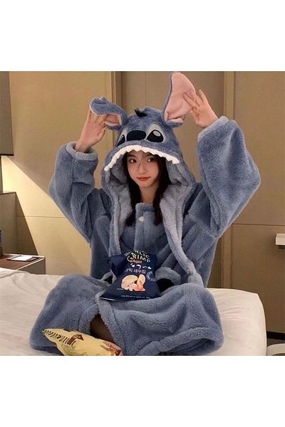 Disney M 40-55kg Stitch dress Disney Stitch Winter Pajamas Cartoon Autumn And Winter Cute Coral Thickened V