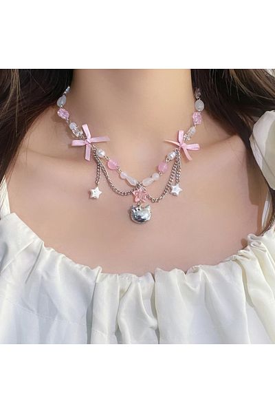 Choice Hello Kitty Sanrio Hello Kitty Necklace Anime Kawaii Bow Bead Star Popular Necklace Y2k Women's Eleg