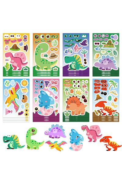 Choice 8pcs All 8sheets Diy Make-a-face Dinosaur Puzzle Stickers Games Funny Animal Catoon Assemble Jigsaw