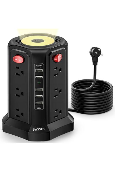 Choice 110-250v Us 12 Black 10ft Extension Cord With 12 Ac Multiple Outlets, 5 Usb Ports And Night Light, P