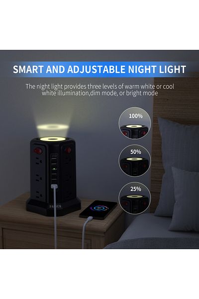 Choice 110-250v Us 12 Black 10ft Extension Cord With 12 Ac Multiple Outlets, 5 Usb Ports And Night Light, P