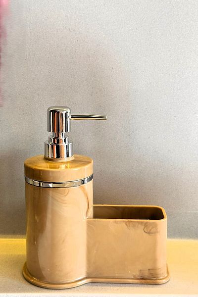 Makri Stylish Silver Detailed Liquid Soap Dispenser with Sponge Holder for Kitchen or Bathroom, Domestic Production