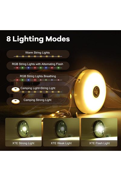 AWH Camping String Lights, Waterproof LED Outdoor Lights, 8 Modes, Rechargeable, for Patio & Tent