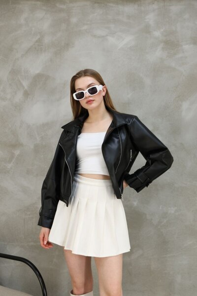 NEW RONİ Kadın Oversize Biker Balon Kol Deri Ceket