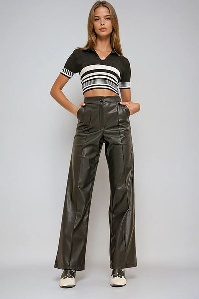 VAGGON Pantaloni Palazzo din piele artificială cu buzunare duble, negri, cu iarbă în față