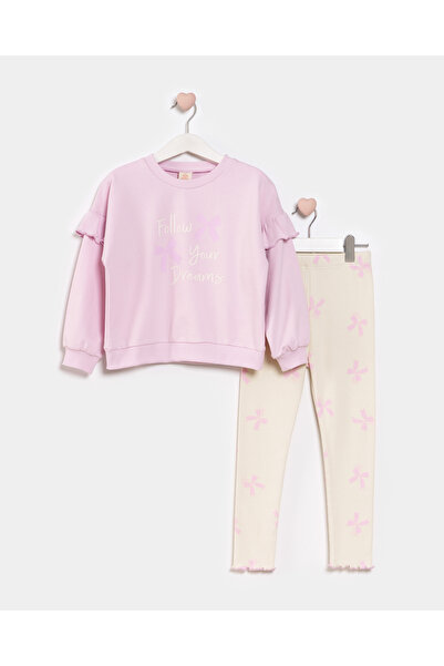 Minipodyum Kız Çocuk Baskılı Kolları Fırfırlı Taytlı İkili Takım