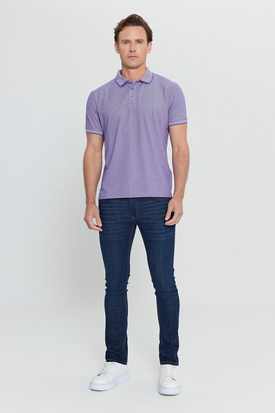 AC&Co / Altınyıldız Classics Ανδρικό μπλουζάκι με γιακά polo - Βαμβακερό ύφασμα που δεν συρρικνώνεται, λεπτή εφαρμογή, μωβ-λευκό, χωρίς μπούκλες