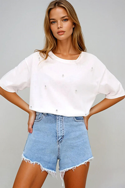 VAGGON Tricou alb pentru femei, cu decolteu rotund, cu perle și piatră brodate Prmx11964