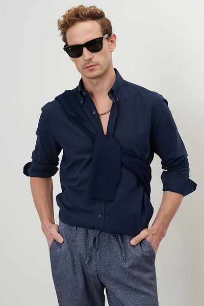 AC&Co / Altınyıldız Classics Ανδρικό πουκάμισο Oxford σκούρο μπλε ναυτικό λεπτή εφαρμογή με γιακά με κουμπιά