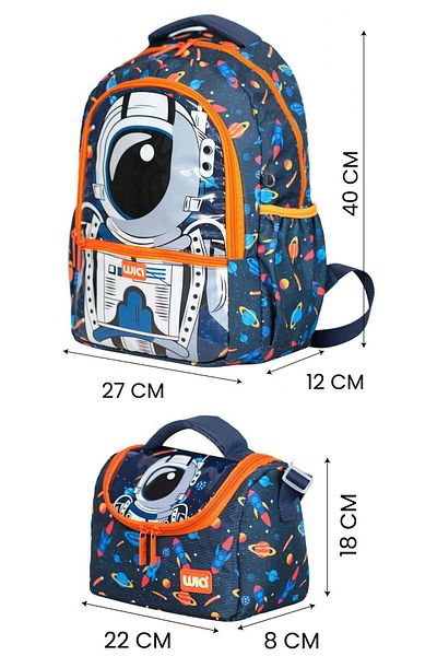Wia Astronaut Printed Boys' School Backpack and Thermal Insulated Lunchbag Set - Navy Blue