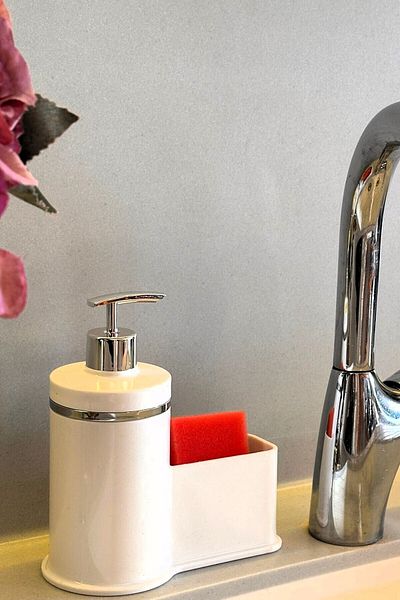 Makri Stylish Silver Detailed Liquid Soap Dispenser with Sponge Holder for Kitchen or Bathroom, Domestic Production
