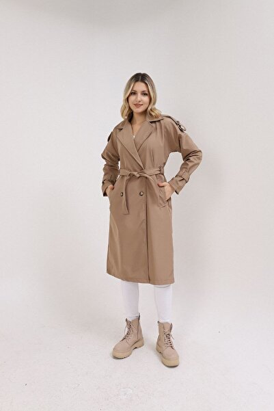Genel Markalar Kadın Kuşaklı Kolu Düğmeli Kruvaze Trençkot
