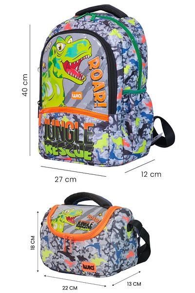 Wia Dinosaur Printed Boys' School Backpack and Thermal Insulated Lunchbag Set - Green
