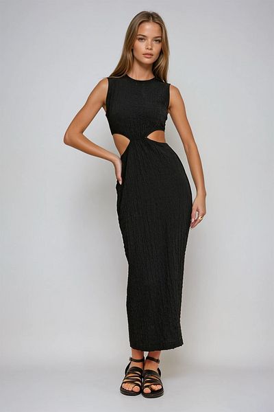 VAGGON Rochie de damă, neagră, cu decupaj, cu textura midi, lungime midi