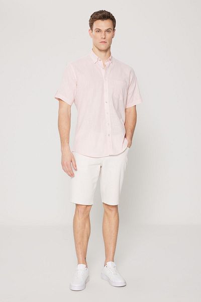 AC&Co / Altınyıldız Classics Rosa Herrenhemd - Comfort Fit, Knopfkragen, Leinenoptik 100% Baumwolle, Kurzarm