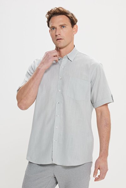 AC&Co / Altınyıldız Classics Men's Gray Linen Look 100% Cotton Flame Short Sleeve Shirt - Comfortable Fit, Buttoned Collar