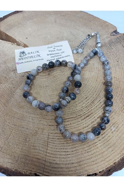 BalıkHediyelik Wood Boxed - Gray Vein Natural Stone Rosary and Bracelet Set 1001