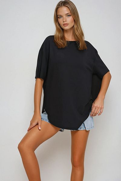 VAGGON Tricou modal negru cu decolteu oval pentru femei Prmx11506