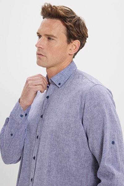 AC&Co / Altınyıldız Classics Erkek Lacivert Keten Comfort Fit Rahat Kesim Düğmeli Yaka Casual Gömlek