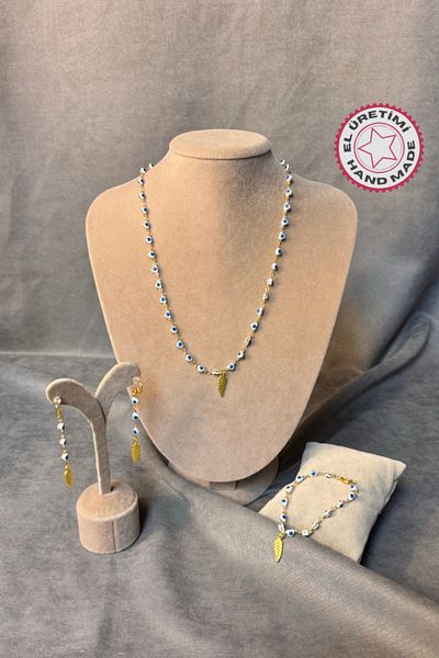 Uretti - Tuğba 9352 Evil Eye Beaded Enamel Heart and Leaf Detailed Jewelry Set