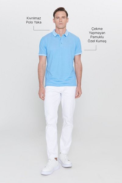 AC&Co / Altınyıldız Classics Tricou pentru bărbați din țesătură de bumbac, care nu se contrac, slim fit, slim-fit, Saks-alb, fără ondulare, cu gât polo